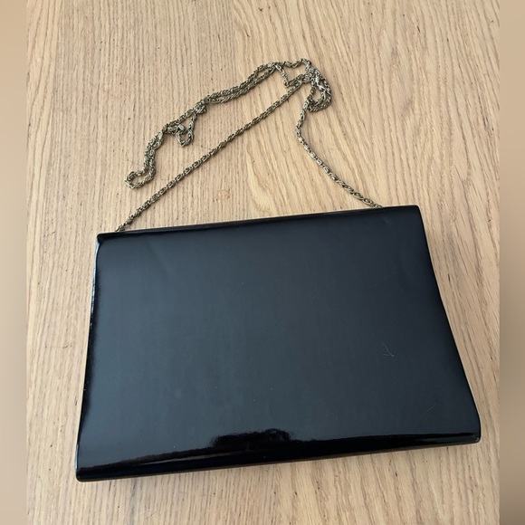 Vintage Patent Leather Envelope Clutch Cross Body Gold Chain Strap Black - Picture 2 of 8